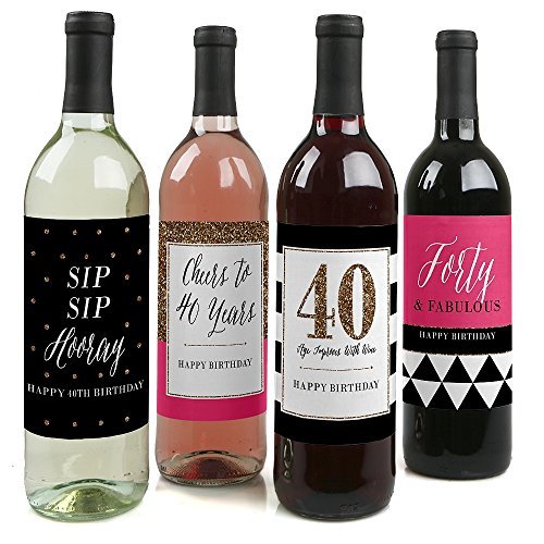 Big Dot of Happiness CHIC - 40ème Anniversaire Rose, Noir et Or - Bouteille de vin étiquettes cadeau d'anniversaire - Lot de 4 code EAN 0849563066289 