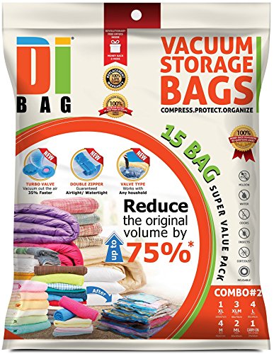 DIBAG ® jumbo pack de 15 sacs - de rangement sous vide économiseur d'espace sacs. 4x (57 x 45cm) + 4x (85 x 54cm) +3x (90 x 70cm) +2x (60 x 50cm) +1x (100 x 67cm) + 1×voyage sac roll-up (50*34 cm) sans aspiration. pour les vêtements, couettes, literie, oreillers, rideaux. code EAN 0853201006209 