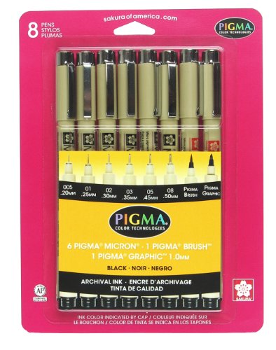 Pigma Micron noir 8 toutes les plumes Set -