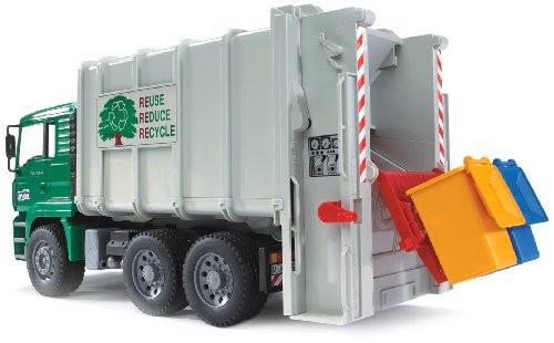 Bruder - 2764 - véhicules sans piles - camion poubelle man vert et blanc avec 2 poubelles code EAN 0885737975193 