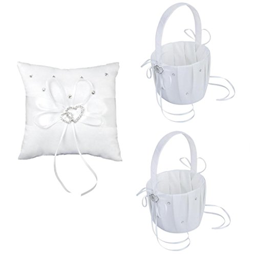 Gleader 2 pcs blanc fleur fille panier cristal decor strass et 1 pcs bague de mariage oreiller 15cmx15cm imprime en offset strass cristal blanc a double coeur code EAN 0888309654816 