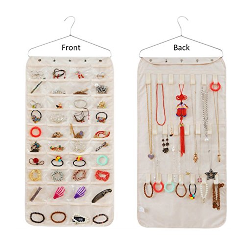 Nouveau rangement bijoux suspendu double côté organisateur créatif sac muraux armoire multi-poches stockage multi-fonction maison salle de bain rangé pour boucles d'oreille/ bracelet/ collier/ bijoux 40 poches et 21 crochet et boucle (beige) 0889957324663 WINLINK
