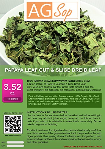 AG Pon 100% papaya leaves brindilles (paw paw) feuilles séchées 3.52 oz (100 g) code EAN 1700634605174 