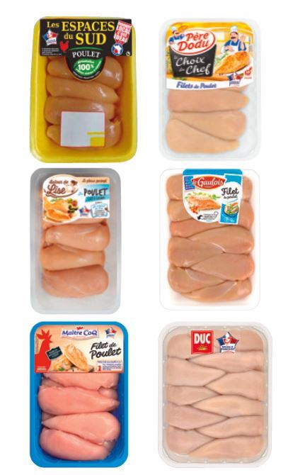  FILET DE POULET “LES ESPACES DU SUD”, “PÈRE DODU”, “LE GAULOIS”, “AUTOUR DE LISE”, “MAÎTRE COQ”, “DUC” * code EAN 215677 