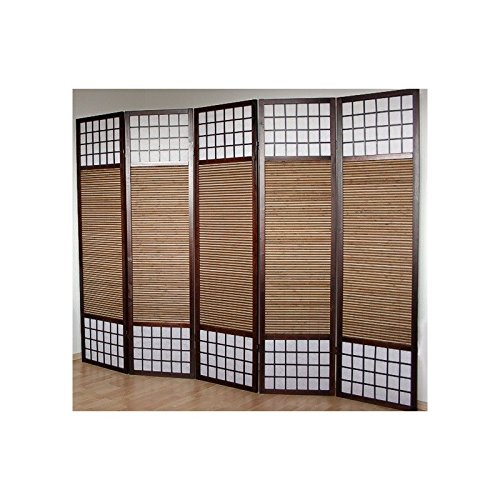 Paravent 5 panneaux marron en bois et bambou 22...