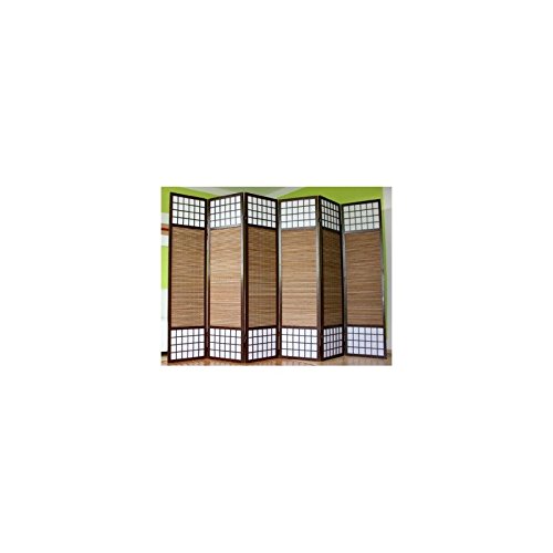 Paravent 6 panneaux marron en bois et bambou 26...