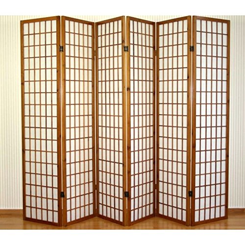 Paravent 6 panneaux en bois marron et papier ri...