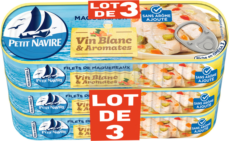 Petit navire FILETS DE MAQUEREAUX SANS ARÔME AJOUTÉ VIN BLANC ET ARÔMATES Petit navire code EAN 3019082000003 
