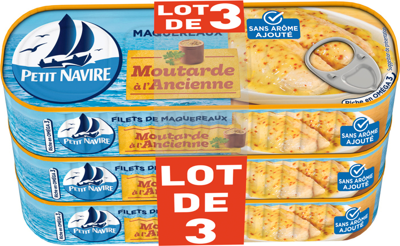 Petit navire FILETS DE MAQUEREAUX SANS ARÔME AJOUTÉ MOUTARDE Petit navire code EAN 3019082000010 