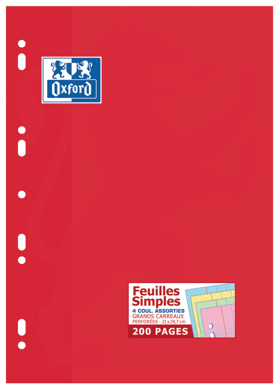 ÉTUI FEUILLES SIMPLES A4 PERFORÉES COULEURS OXFORD
