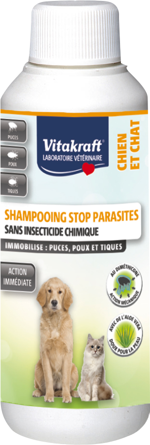 “VITAKRAFT” SHAMPOOING STOP PARASITES
POUR CHIEN ET CHAT
AU DIMETRICONE code EAN 3023610399965 