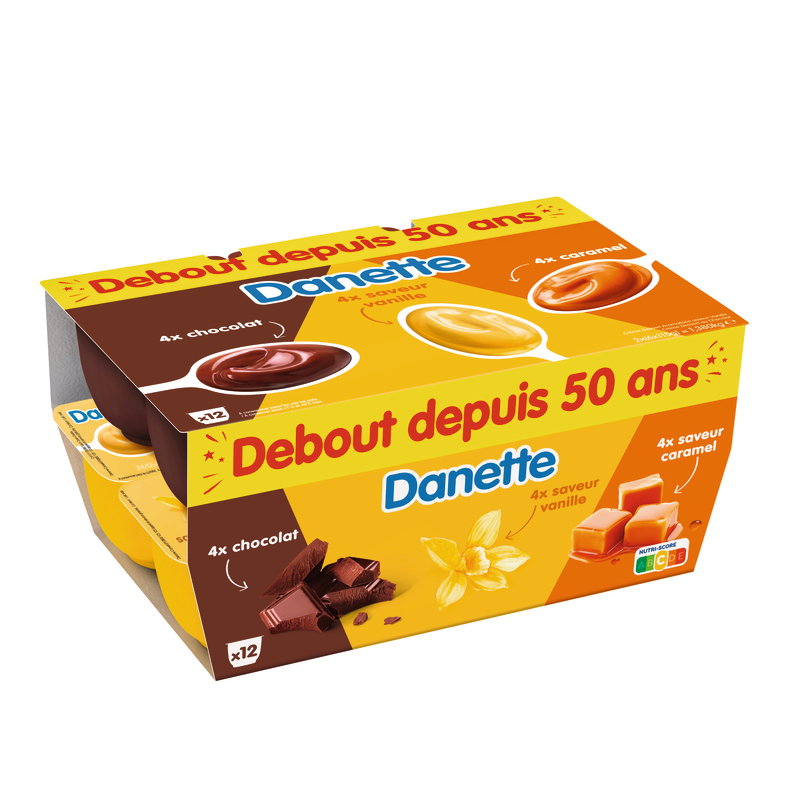  DANETTE ÉDITION LIMITÉE "DEBOUT DEPUIS 50 ANS" CHOCOLAT /VANILLE/CARAMEL 12X115G  code EAN 3033491612107 