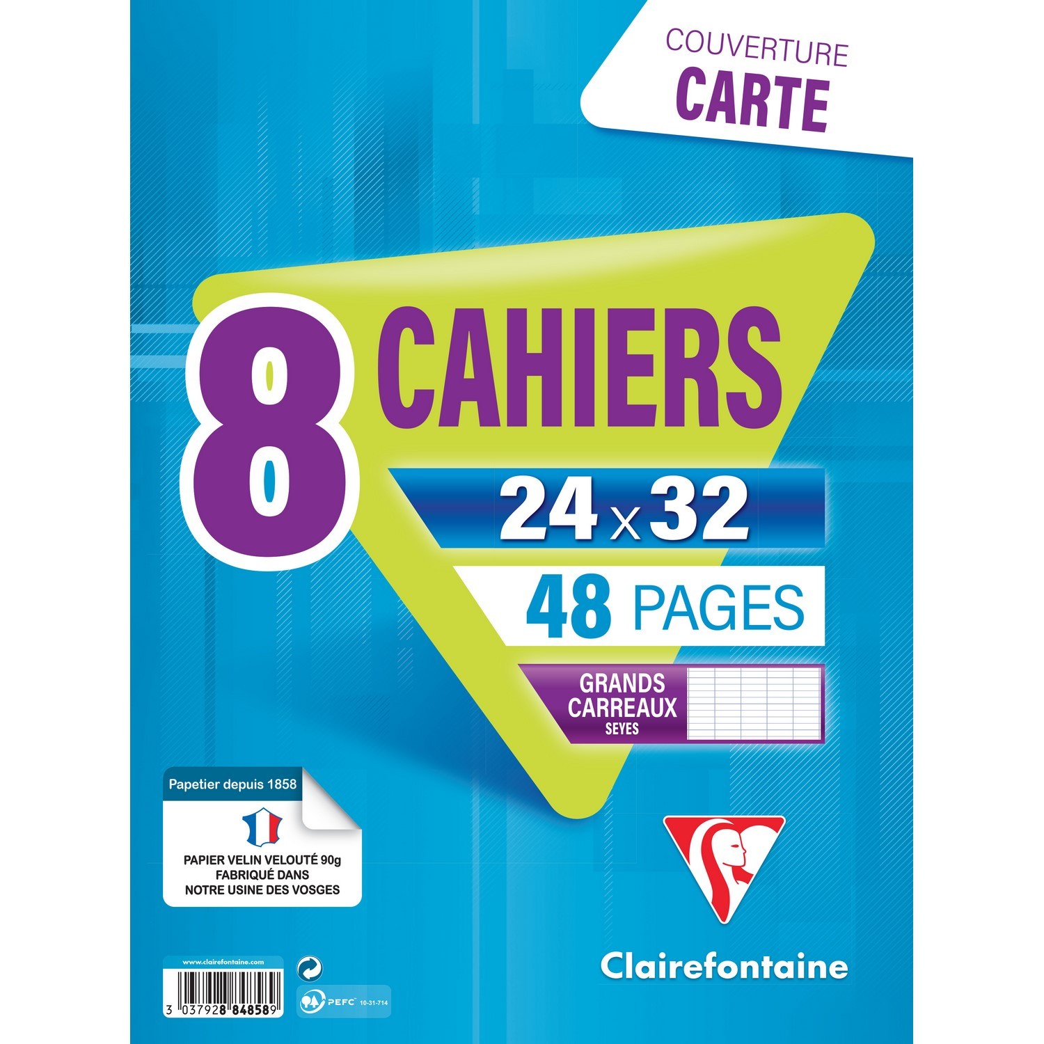 CLAIREFONTAINE Cahier 24x32cm 48p grands carreaux 90g CLAIREFONTAINE code EAN 3037928848589 