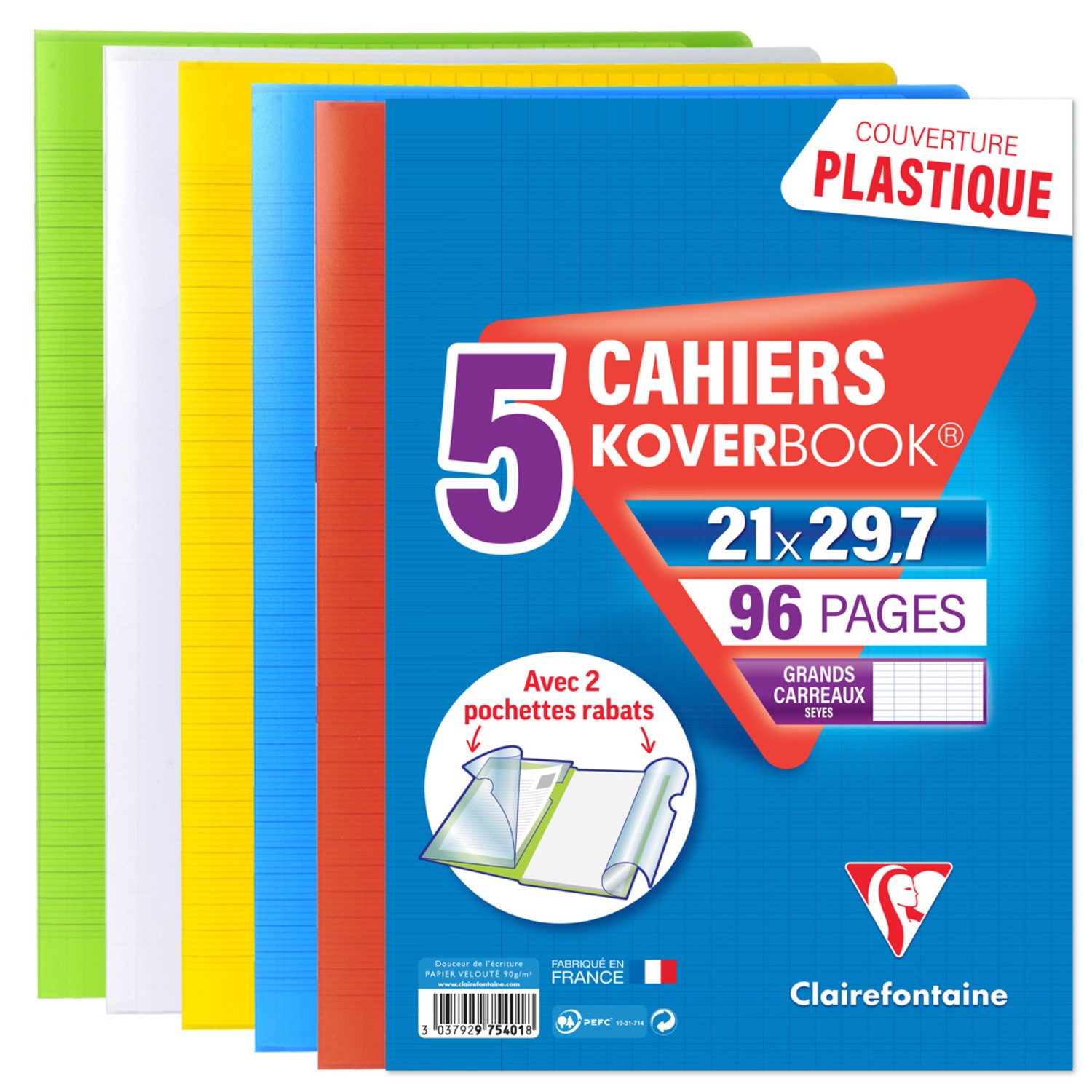 Cahier 96 pages grands carreaux 21x29,7cm x5 CL...
