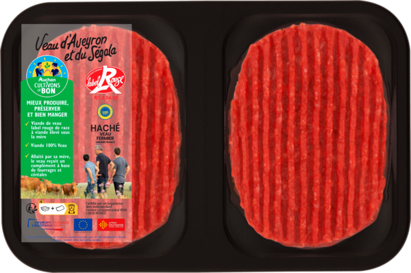  2 Steaks Hachés De Veau D'aveyron Et Du Ségala Label Rouge Filière Auchan "Cultivons Le Bon" code EAN 3039050243454 