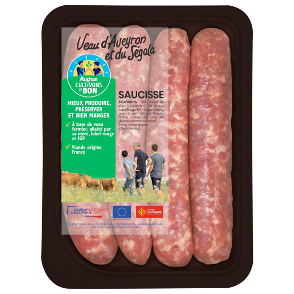  4 Saucisses De Veau D'aveyron Et Du Ségala Filière Auchan "Cultivons Le Bon" code EAN 3039050640505 