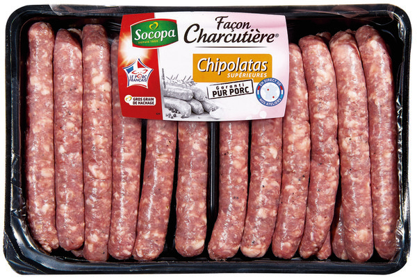 CHIPOLATAS SUPÉRIEURES FAÇON CHARCUTIÈRE OU MERGUEZ FORTES OU CHIPOLATAS/MERGUEZ/SAUCISSES AUX HERBES SOCOPA 3039050644886 