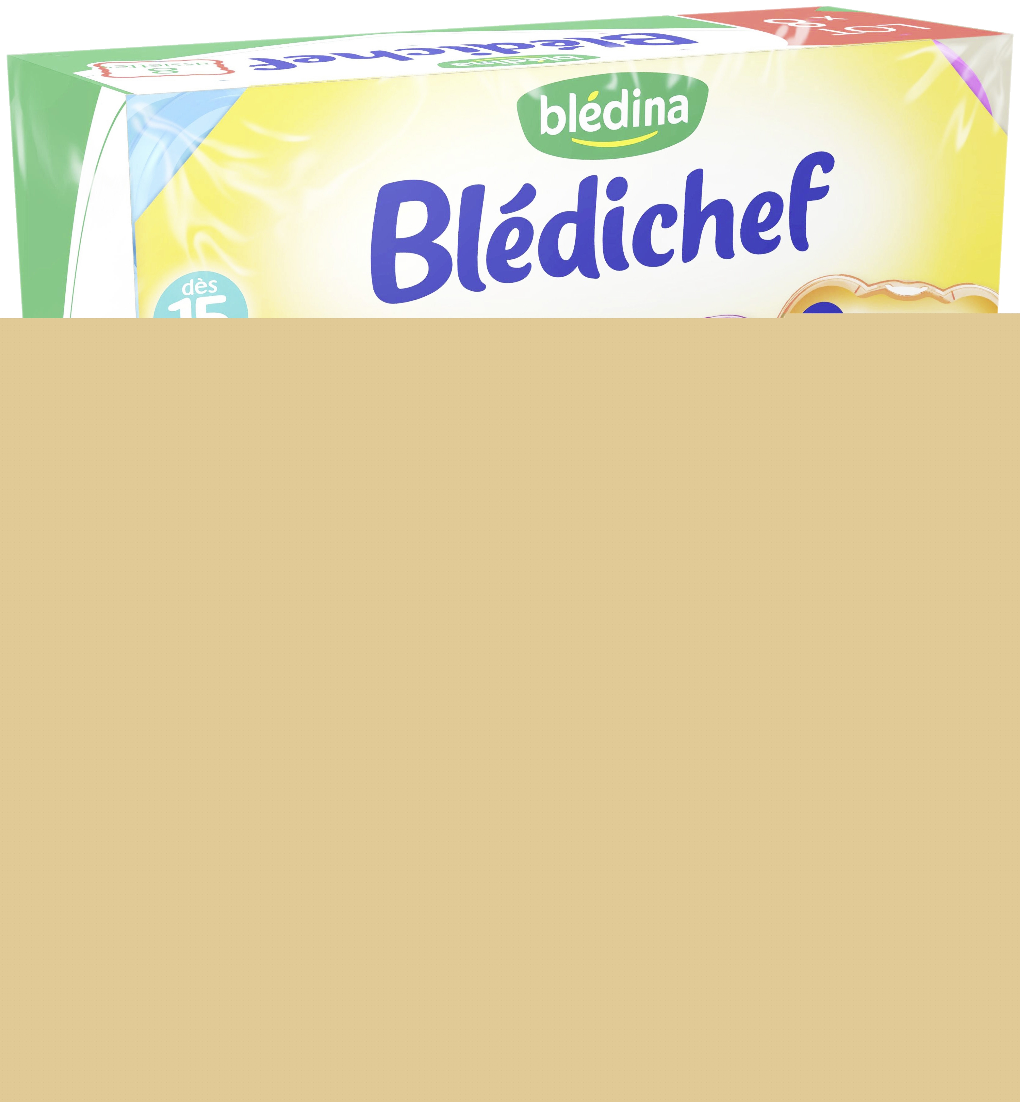 Blédichef Assiettes mousseline de légumes et patates douces, écrasé de choux-fleurs pommes de terre, mijoté de légumes cabillaud et crème, pâtes et jambon à la romaine Blédichef code EAN 3041091103512 