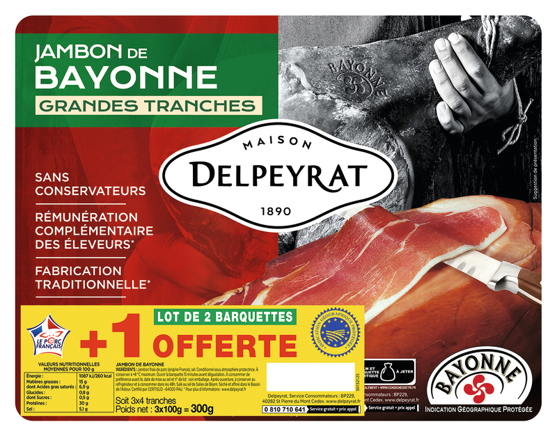 JAMBON DE BAYONNE 4 GRANDES TRANCHES delpeyrat