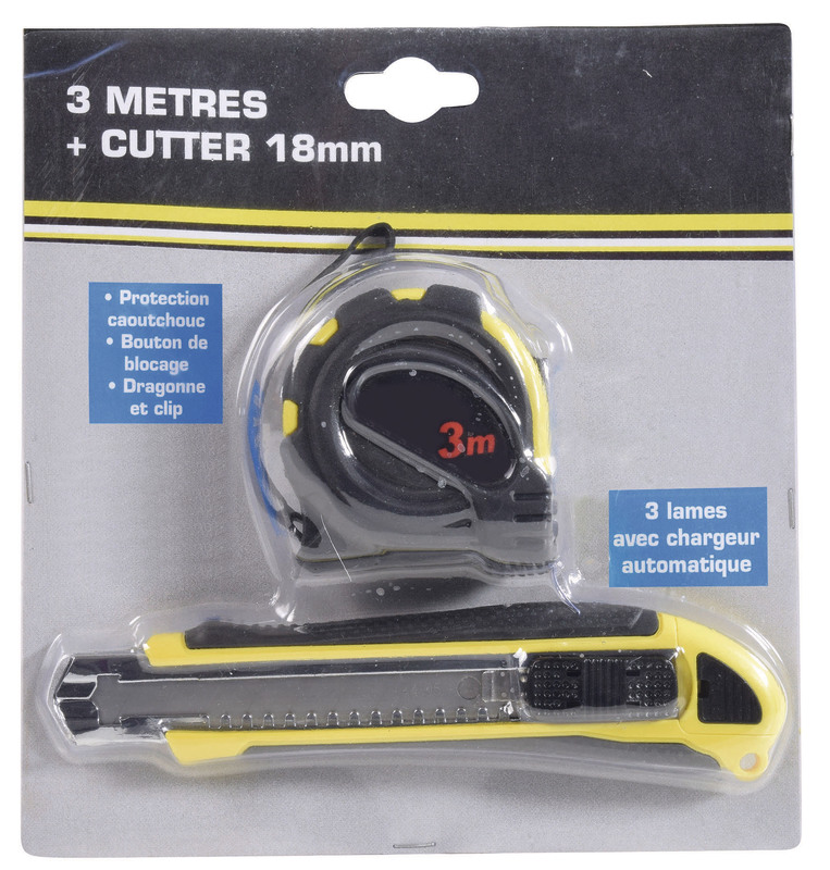 ENSEMBLE MÈTRE À BLOCAGE 3M + CUTTER 18 MM AVEC 3 LAMES  3069319623529 (3069319623529)
