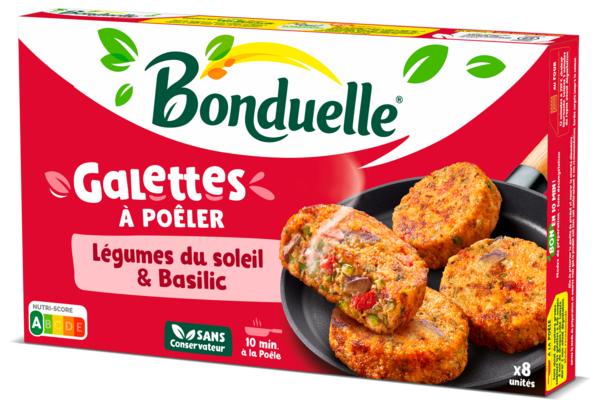 BONDUELLE GALETTES À POÊLER AUBERGINES, COURGETTES ET BASILIC 
 code EAN 3083681177992 