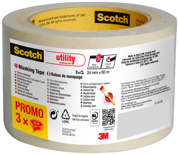 SCOTCH LOT DE 3 RUBANS MASQUAGE 50M X 24MM
 code EAN 3100343001638 