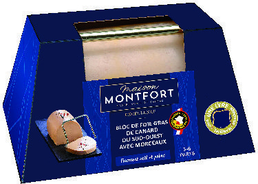  BLOC DE FOIE GRAS DE CANARD IGP(9) DU SUD-OUEST AVEC 30% DE MORCEAUX  “MAISON MONTFORT” code EAN 3104544074354 