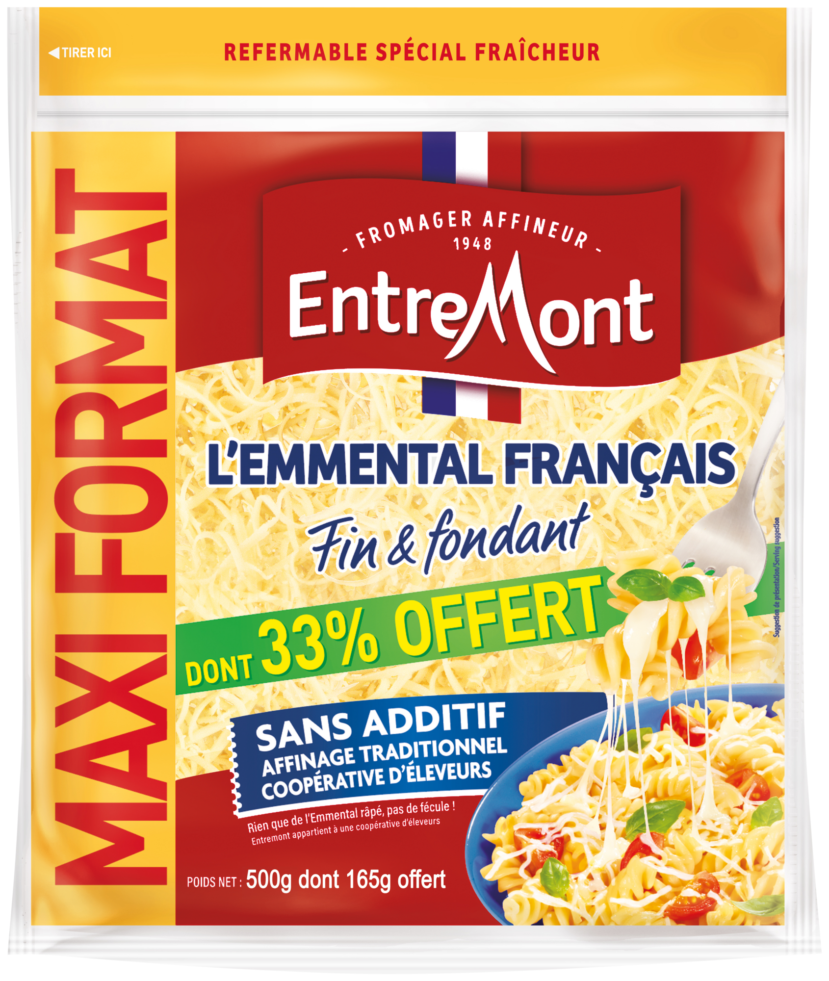 ENTREMONT fromage rapé L'emmental français maxi format 29% Mat.Gr. code EAN 3123930715152 