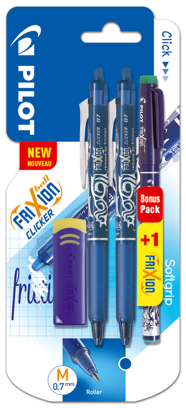  2 ROLLERS "FRIXION BALL CLICKER" BLEU + 1 FEUTRE D’ÉCRITURE "FRIXION FINELINER" VERT + 1 GOMME PILOT PILOT  3131910542056