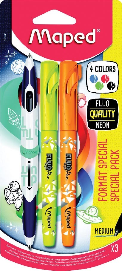 STYLO BILLE 4 COULEURS + 2 SURLIGNEURS