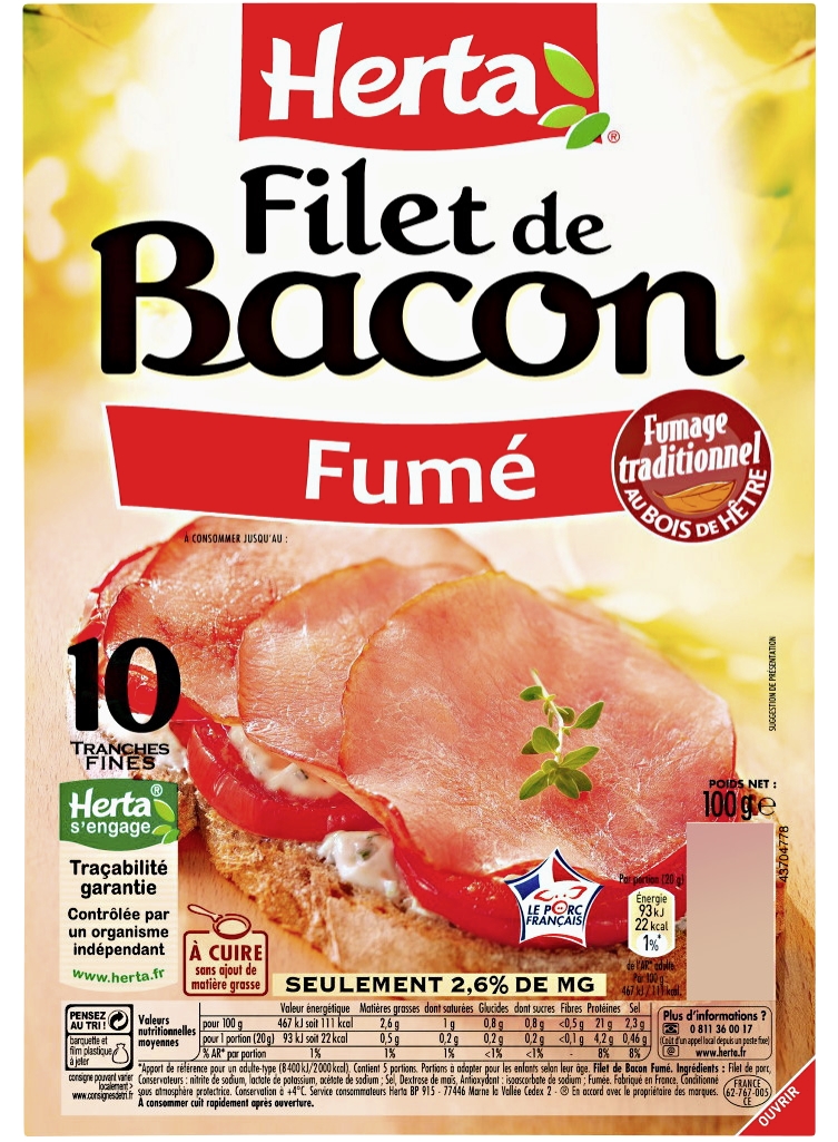 Filet de bacon fumé 10 tranches Herta