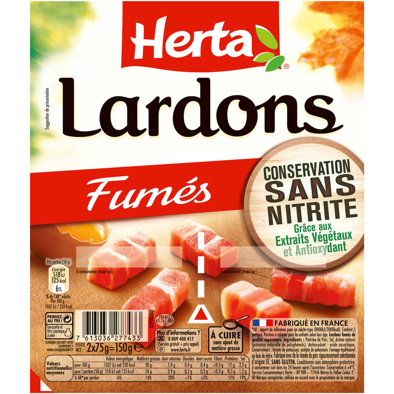 HERTA Lardons Fumés Sans Nitrite HERTA code EAN 3154230802280 