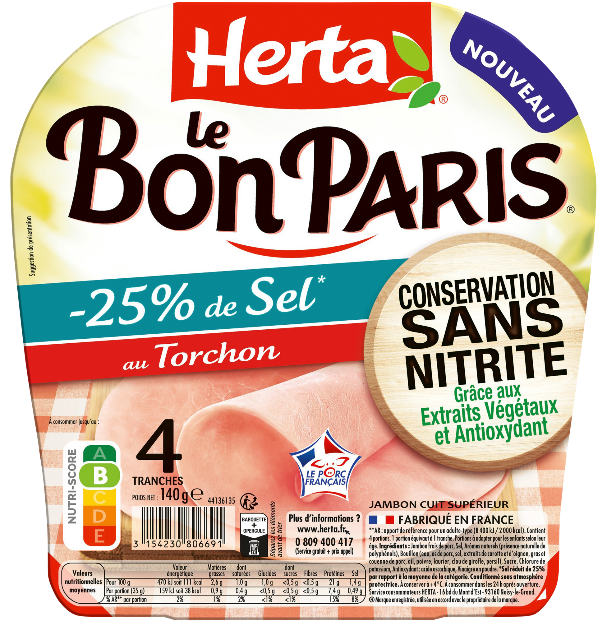 Jambon le bon paris cuit au torchon réduit en sel 