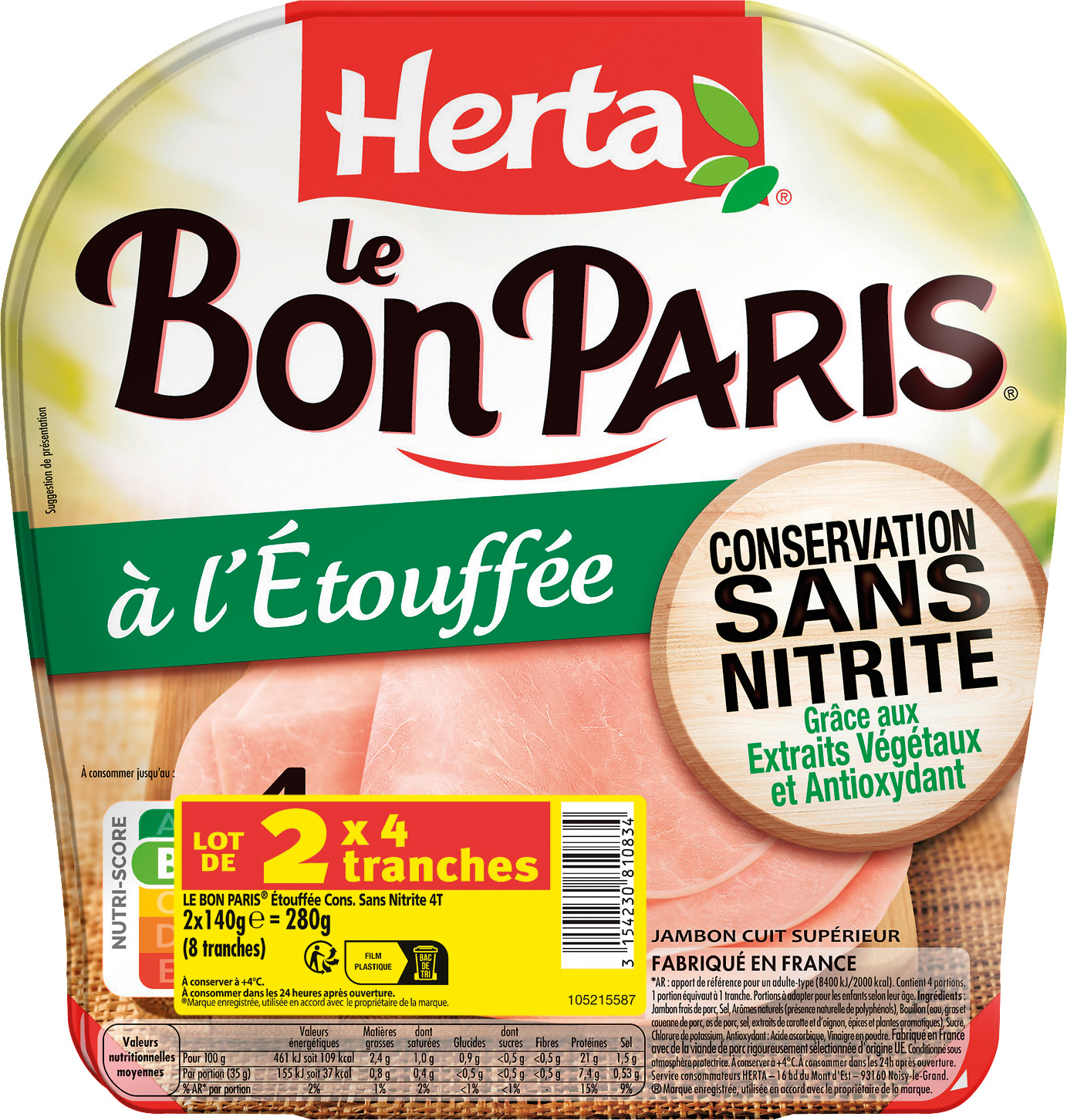  JAMBON LE BON PARIS A L'ETOUFFEE CONSERVATION SANS NITRITE HERTA code EAN 3154230810834 