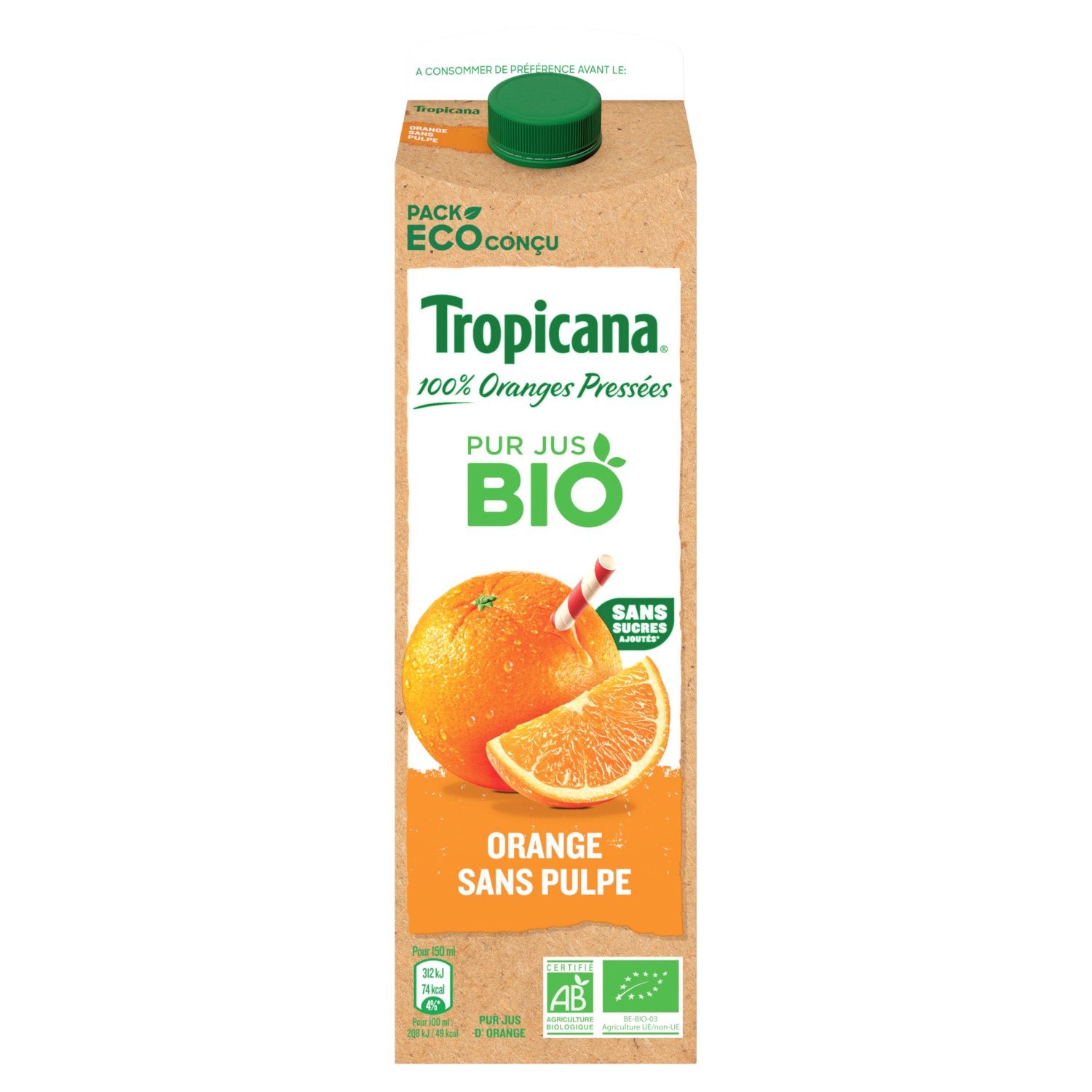 Jus d'orange sans pulpe bio sans sucres ajoutés...