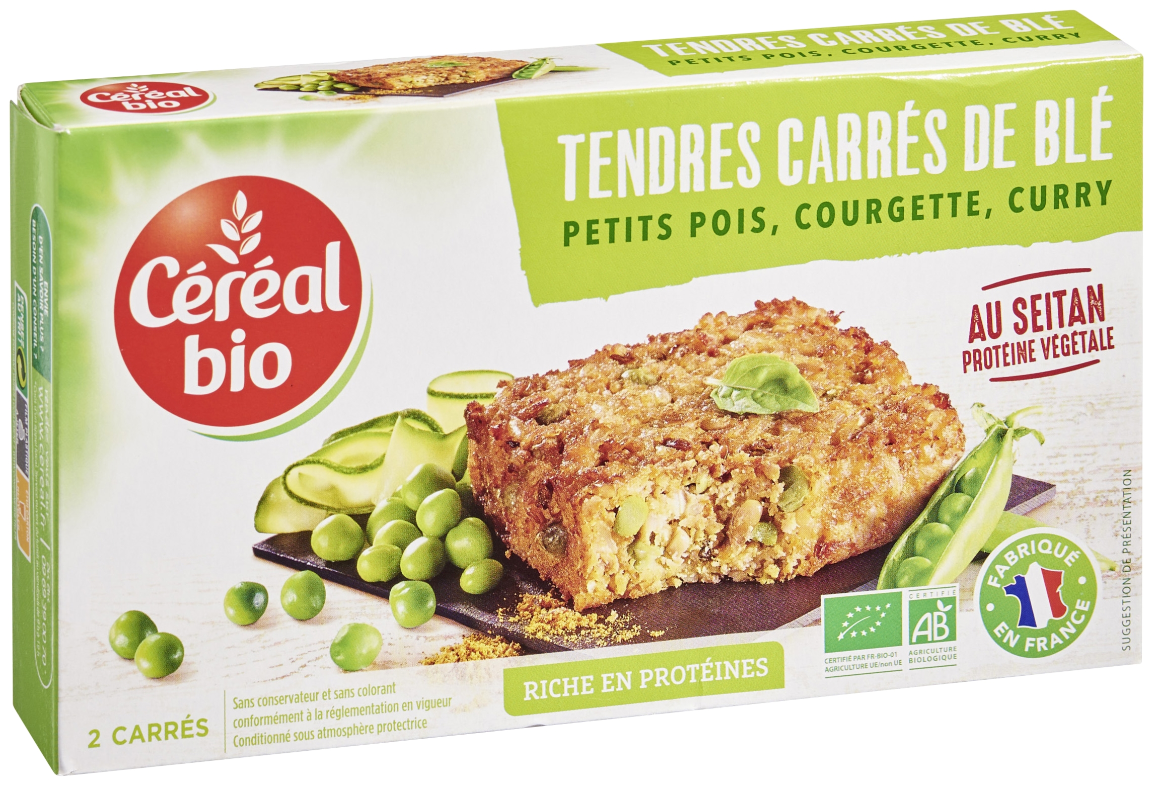 Tendres carrés de blé, petits pois, courgette, ...