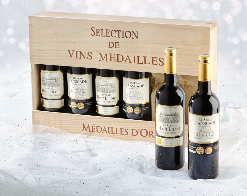 COFFRET PRÉSENTOIR 6 BOUTEILLES MÉDAILLÉS AOP BORDEAUX ROUGE CHÂTEAU LANSCADE 3X75CL ET AOP BORDEAUX SUPÉRIEUR CHÂTEAU HAUT-LILOIE ROUGE 3X75CL  3176481029858 (3176481029858)