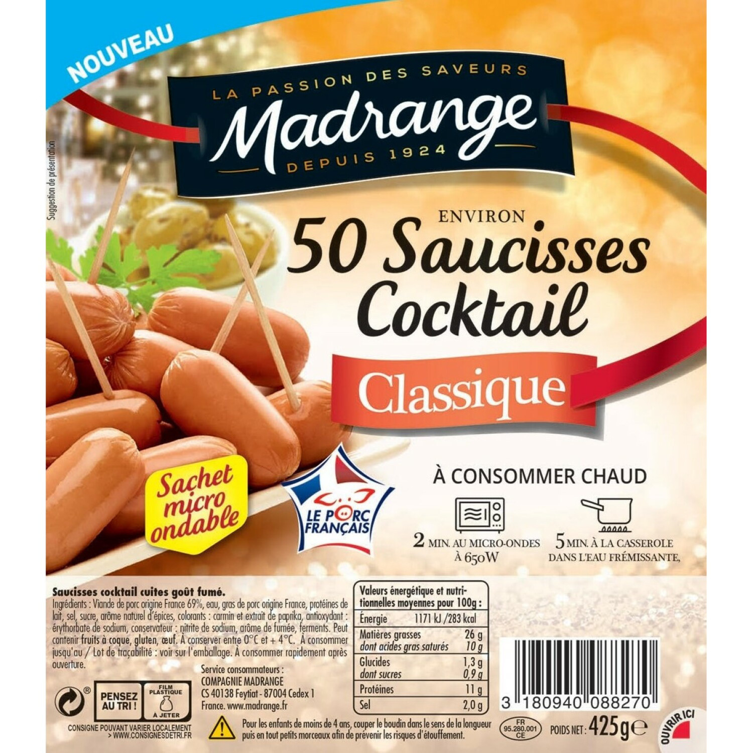 MADRANGE Saucisses cocktail classique format familial MADRANGE code EAN 3180940088270 