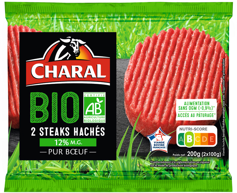 VIANDE BOVINE : 2 STEAKS HACHÉS BIO 12 % MG CHARAL