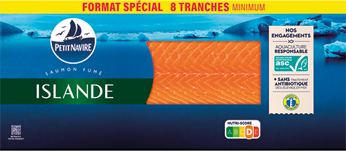 PETIT NAVIRE SAUMON FUMÉ D’ISLANDE ASC -25% DE SEL FORMAT SPÉCIAL code EAN 3218296 