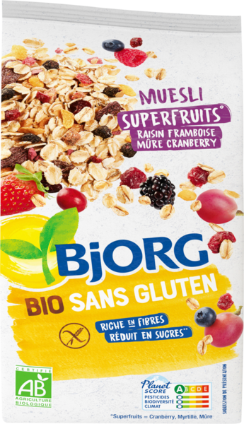 BJORG Céréales Superfruits Bio Sans Gluten Réduit En Sucres  Bjorg code EAN 3229820797953 