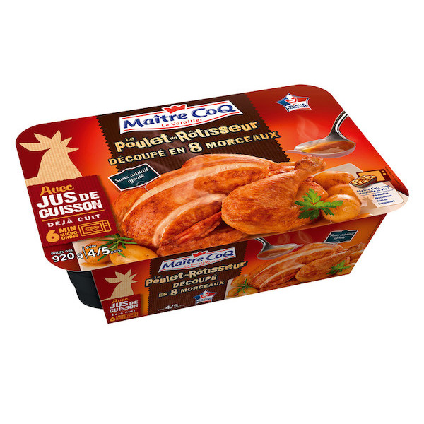 Poulet rôti avec jus de cuisson découpé en 8 mo...