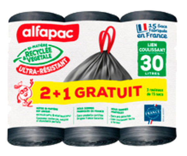 ALFAPAC SACS POUBELLE LIEN COULISSANT ULTRA RÉSISTANT 2 ROULEAUX DE 30L X15
ALFAPAC code EAN 3232767370332 