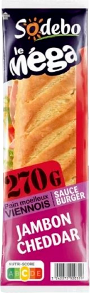  Sandwich Mega Baguette Jambon Cheddar Sodebo code EAN 3242272923053 