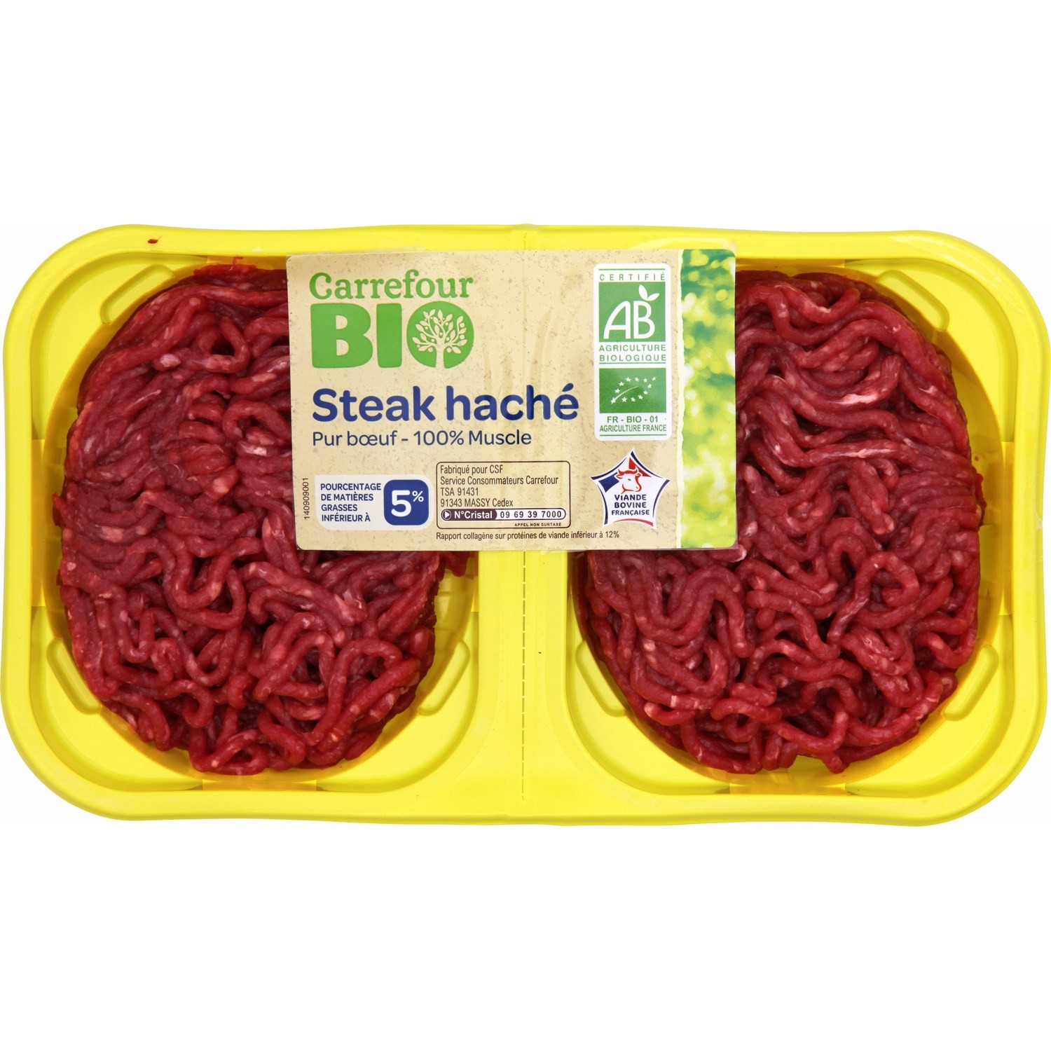 Steak haché pur bœuf 5% MG CARREFOUR BIO