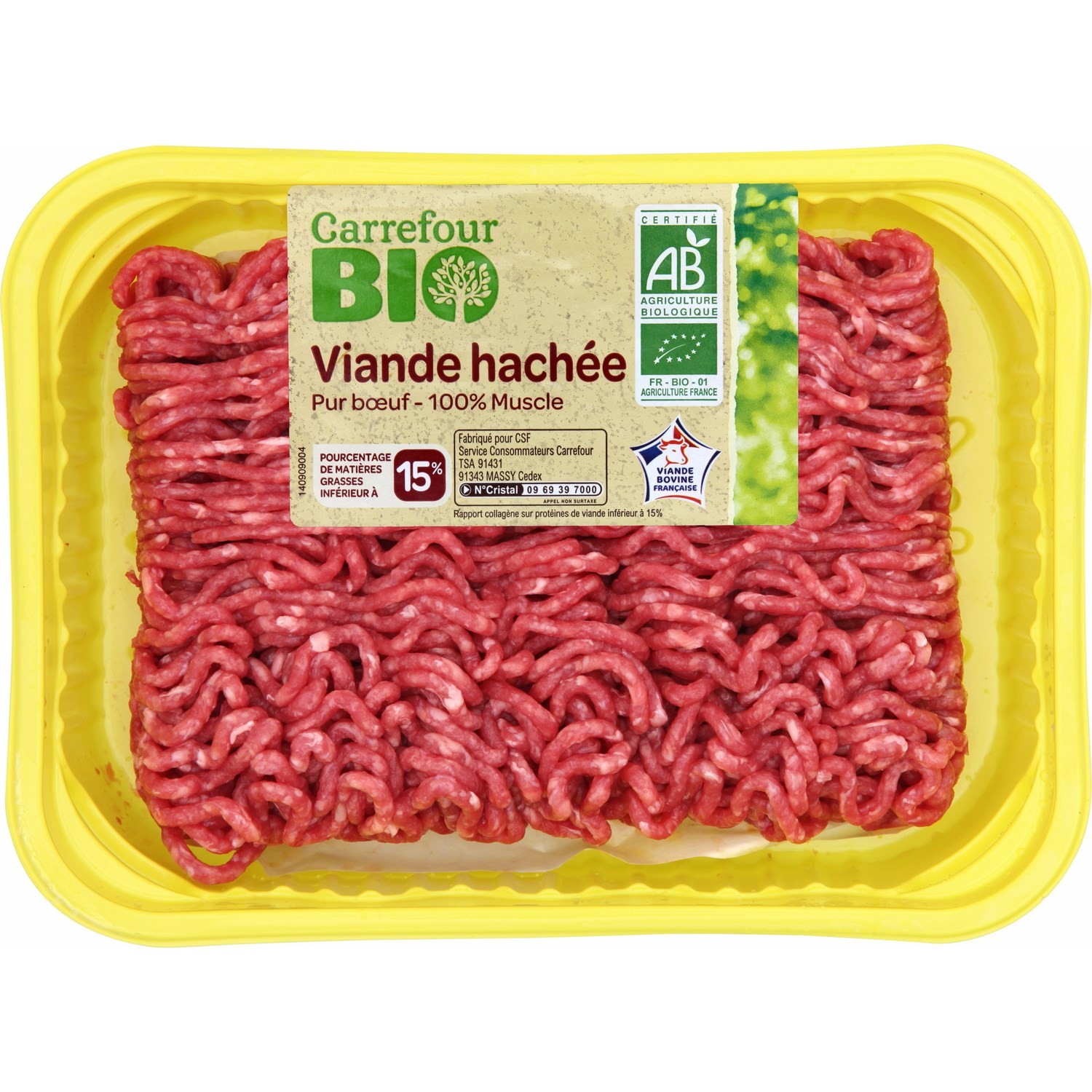 Viande hachée pur bœuf 15% MG CARREFOUR BIO
