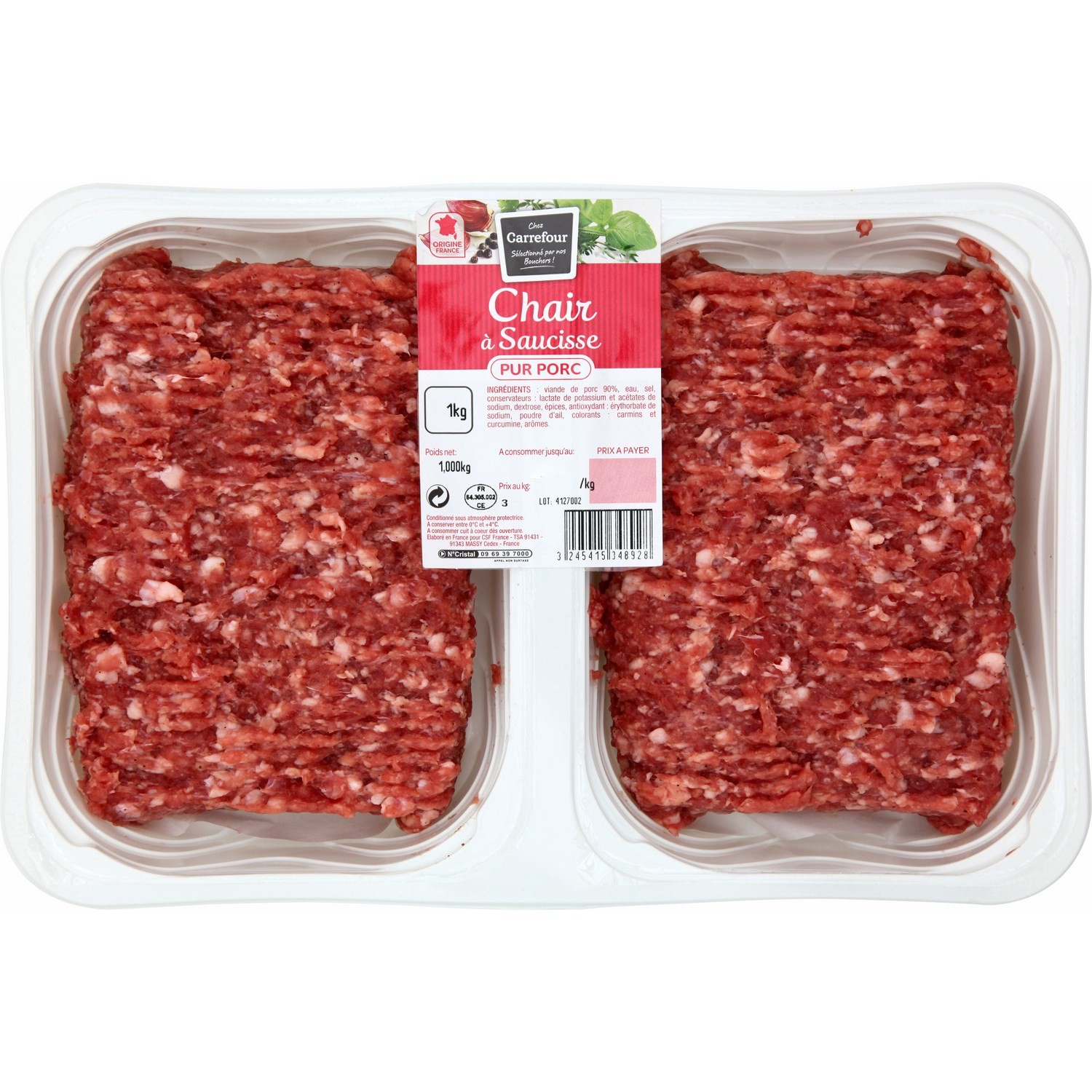 Chair à saucisse pur porc CARREFOUR