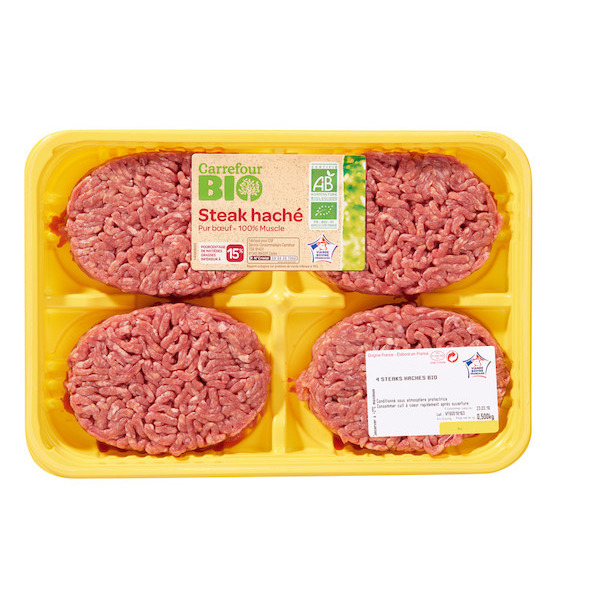 4 steaks hachés pur bœuf 15% M.G. CARREFOUR BIO