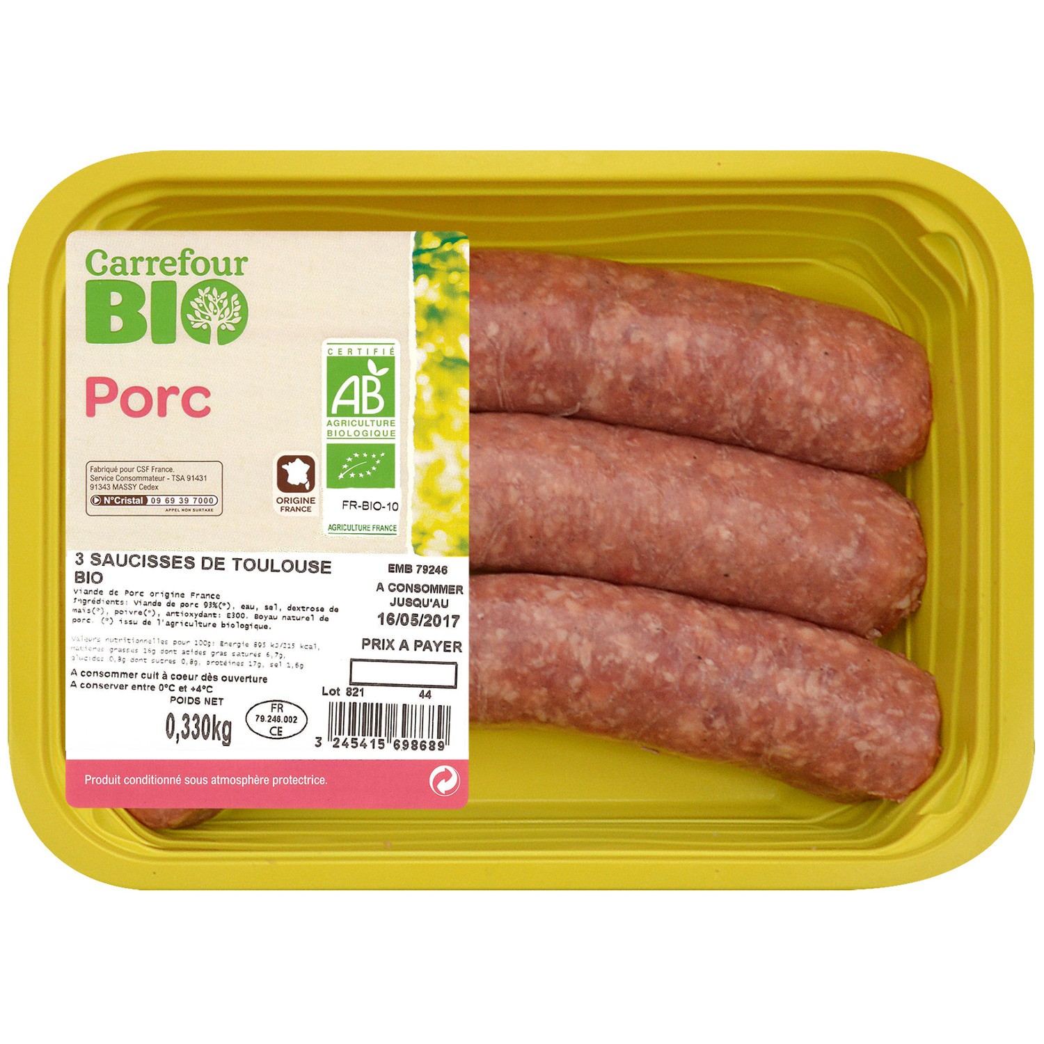 Saucisses de Toulouse CARREFOUR BIO