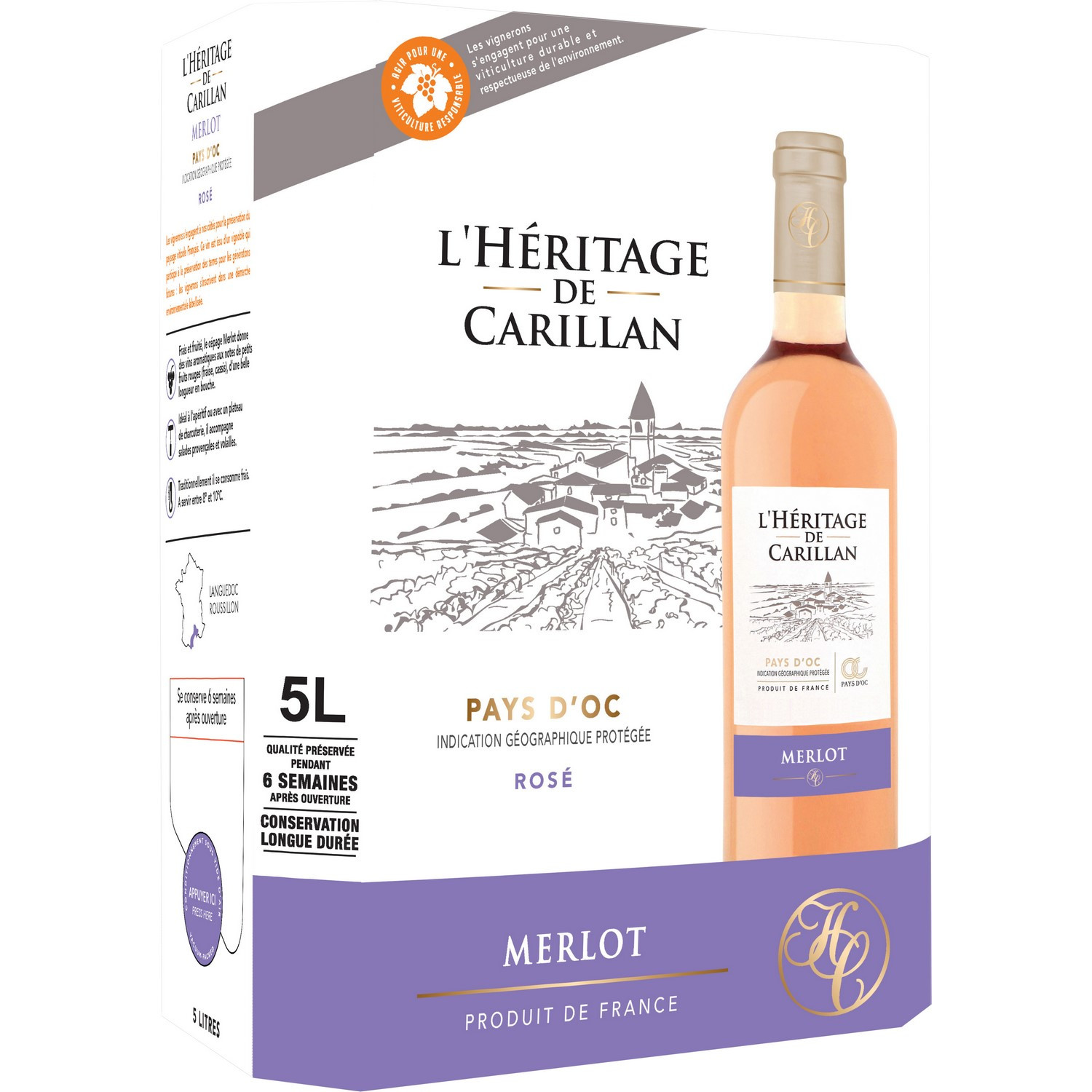 HDC Vin Rosé Languedoc Roussillon IGP Pays d'OC Merlot L'HERITAGE DE CARILLAN MERLOT code EAN 3245415834230 